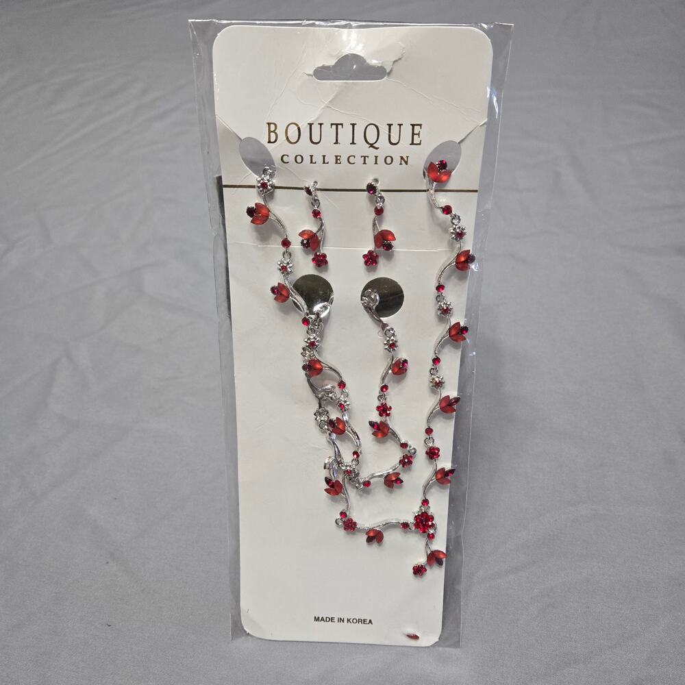 Boutique Collection Red Crystal Floral Necklace & Earring Set
